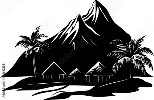 Rural Tribal Settlement Illustration with Grass Houses and Mountain Peaks