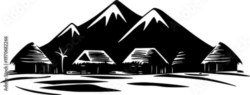 Silhouette of an Indigenous Village with Traditional Huts and High Mountains