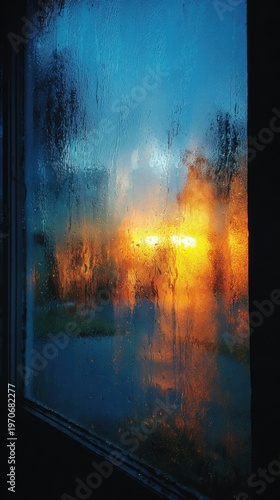 Foggy Window View with Beautiful Orange and Blue Sunset Glow