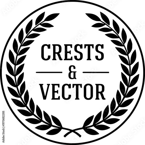 Heraldic crest silhouette vector illustration featuring laurel wreath, circular emblem, decorative insignia, classic badge motif, and ornamental design
