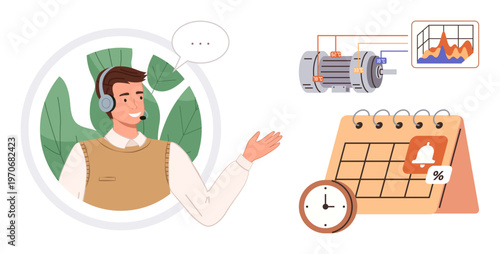 Customer service, scheduling, productivity, machinery analysis, automation, customer engagement. A support agent wearing a headset is gesturing. Customer service and scheduling concept