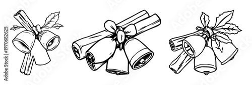 Cinnamon and bells set with black line art illustration featuring holiday spices, Christmas ornaments, winter flavors with festive decor and natural elements