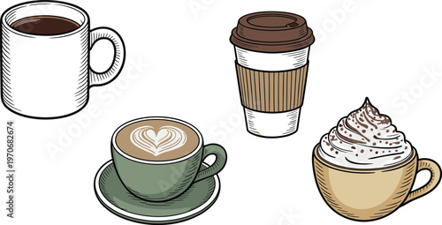 Coffee cup vector illustration set featuring latte art cappuccino with whipped cream espresso mug and takeaway paper cup isolated on white