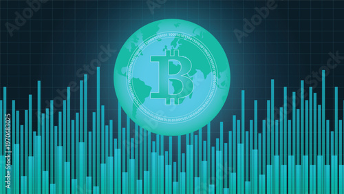 Bitcoin cryptocurrency market chart background with global finance data bars and teal glow