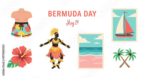 Bermuda Day May 24 poster featuring a sailboat pink sand beach Gombey dancer hibiscus flower and palm trees