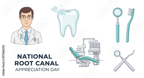 Dental illustration with a dentist molar exam chair and tools for National Root Canal Appreciation Day