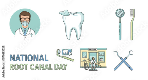 Dental illustrations for National Root Canal Day featuring a dentist tooth tools and clinic icon on white background