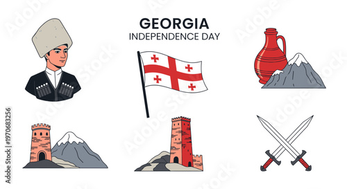 Georgian Independence Day illustrations with traditional dress national flag towers mountains and crossed swords