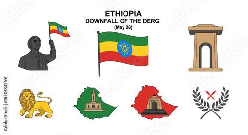 Ethiopias Downfall of the Derg commemorative graphic with national flag monuments lion icon and map silhouettes
