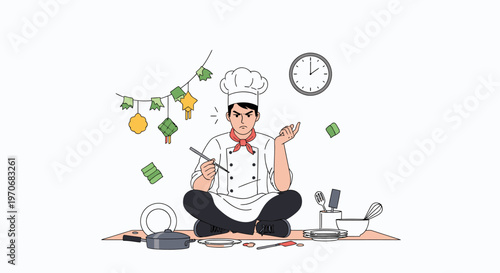 Playful Cartoon Chef Demonstrating Cooking In Studio.