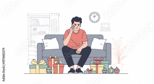 Portrait of a Man Sitting on a Sofa with Gifts.