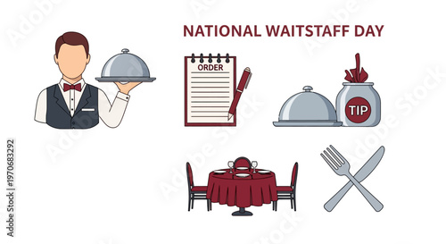 Graphic set for National Waitstaff Day with waiter cloche tip jar order pad and dining table icons