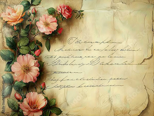 Vintage Parchment with Elegant Handwritten Message and Flowers