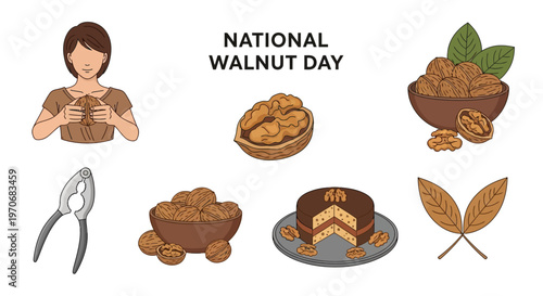 Illustrated elements for National Walnut Day including walnuts a woman a nutcracker cake and leaves
