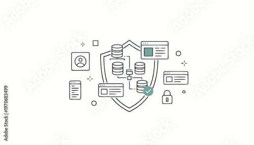 Data security illustration with shield, database, and lock icons.