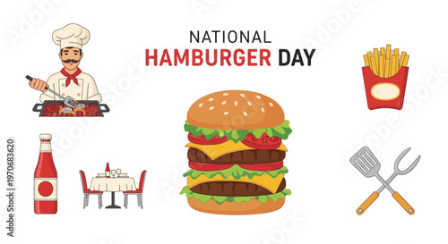Illustration for National Hamburger Day featuring a large double cheeseburger a chef fries and grilling tools