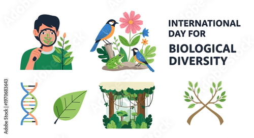 Illustration for International Day for Biological Diversity with scientist animals DNA and forest icons on white