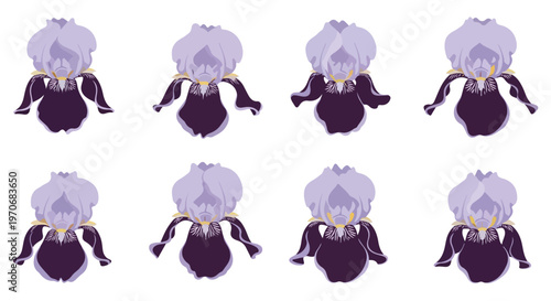 Digital illustration of six identical cartoon characters with purple hair and outfits in two rows on a white background.