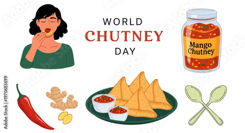 Illustration for World Chutney Day featuring mango chutney samosas ginger chili and a woman eating a snack