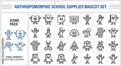 Outline vector icon set of cute anthropomorphic school supply mascots