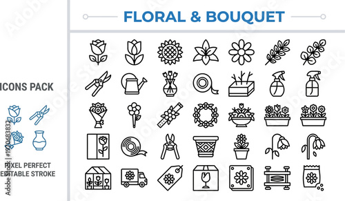 Outline vector icon set of floral bouquet, spring flowers and blossom
