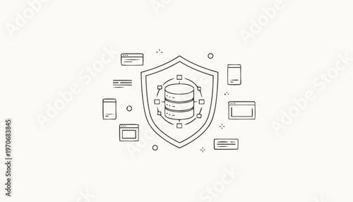 Data security shield protects digital information and database storage.