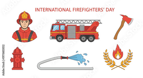 Illustration set for International Firefighters Day including a firefighter truck hydrant hose axe and emblem
