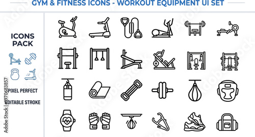 Outline vector icon set of fitness workout and gym equipment