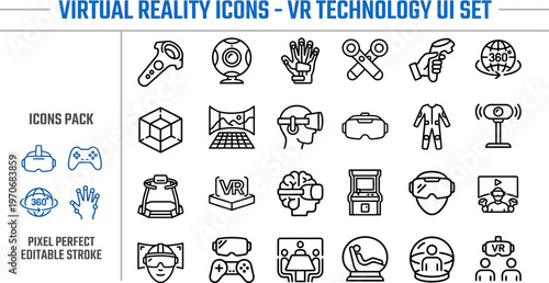 Outline vector icon set of virtual reality and vr technology