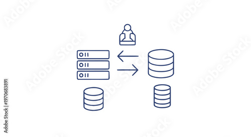 Data server and database interaction with user icon illustration.