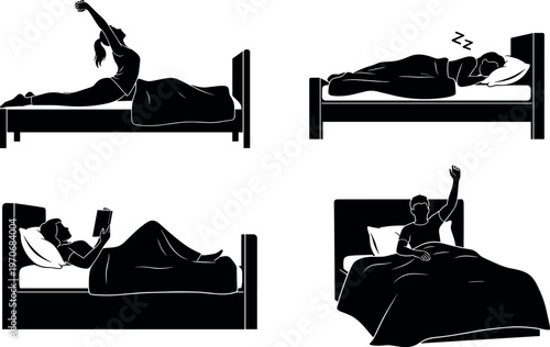 Morning and night routine vector illustration showing people sleeping, stretching, reading, and waking up in bed, healthy lifestyle daily habits and relaxation concept