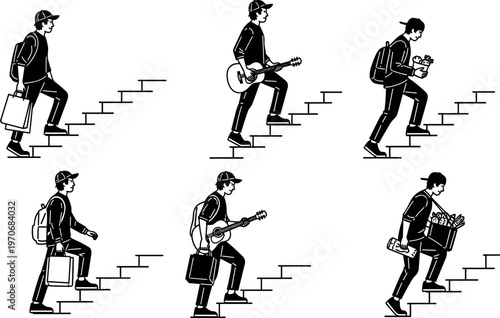 People climbing stairs with different daily activities vector illustration, carrying shopping bags, guitar, groceries and backpack, lifestyle movement, progress 