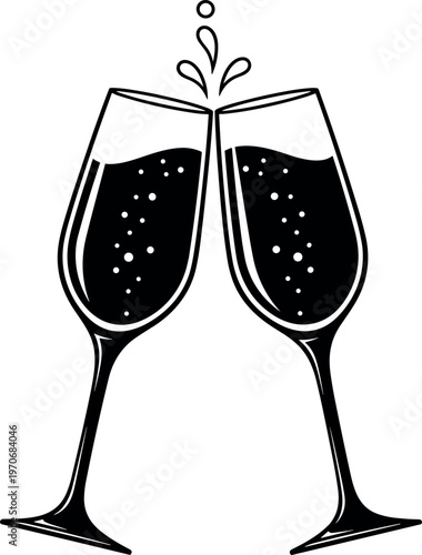 Champagne glasses clinking with sparkling bubbles vector illustration, celebration toast concept for party, wedding, anniversary, luxury drink symbol isolated on white background