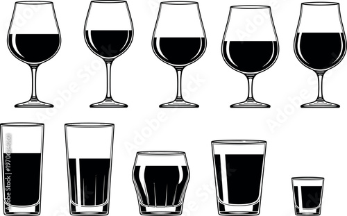 Set of wine glasses and drinking glassware vector illustration, collection of goblets, tumblers and shot glasses for bar, restaurant, beverage service and alcohol concept
