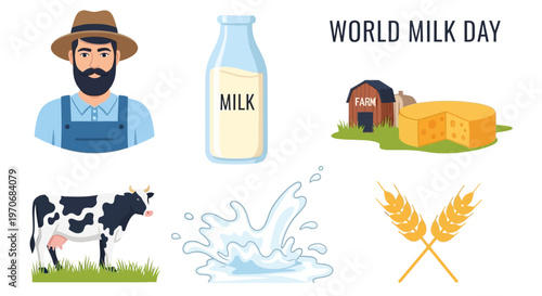 Illustrations of a farmer milk bottle cow barn with cheese liquid splash wheat and World Milk Day text