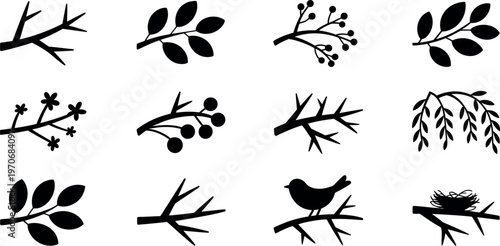 Floral branch icons organic minimalist silhouette summer spring leaves vector set elegant botanical twig decoration simple logo design isolated background