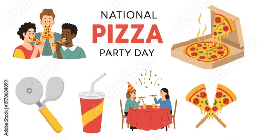 Illustrations of people eating pizza a pizza box cutter and party decorations for National Pizza Party Day