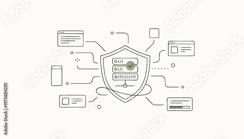 Data security shield with connected devices illustration.