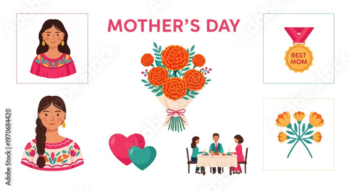 Photography Mothers Day illustrations featuring women in traditional attire floral bouquets