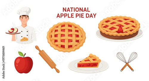 National Apple Pie Day graphic featuring a chef latticetop pies apple slices a rolling pin and wire whisks