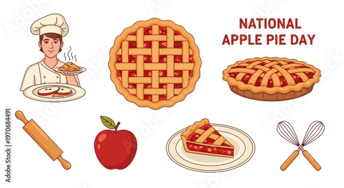 National Apple Pie Day illustration featuring a chef lattice pies a slice an apple and baking utensils