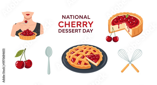 National Cherry Dessert Day illustrations with cherry pie cheesecake tarts fresh cherries and baking tools