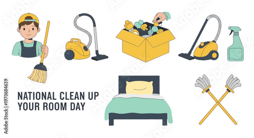 National Clean Up Your Room Day illustration featuring a boy vacuum cleaner broom bed and cleaning supplies