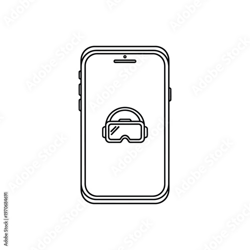 Virtual reality smartphone app icon vector line art illustration of mobile phone with vr headset goggles on screen for digital gaming augmented reality and immersive technology experience.