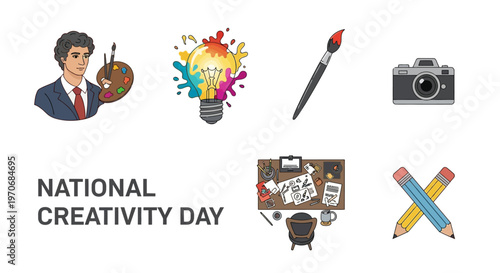 National Creativity Day illustration with an artist lightbulb camera workspace and crossed pencils on white