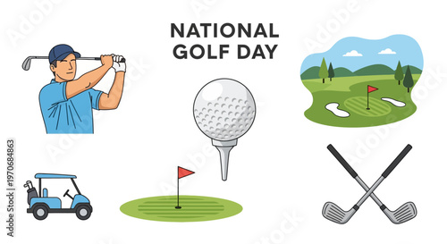 National Golf Day collection featuring a male golfer golf ball on a tee golf cart crossed clubs and course landscape