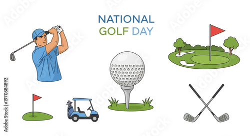 National Golf Day illustration with a golfer ball on tee crossed clubs golf cart and flag on a green