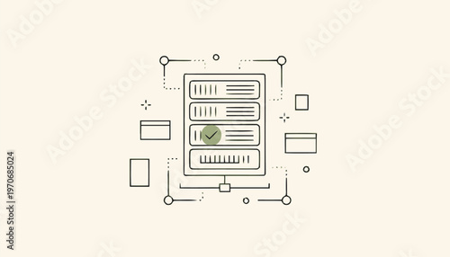 Data Server Rack with Checkmark Icon, Network System Outline.