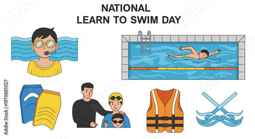 National Learn to Swim Day graphic with illustrations of swimming gear instructors and children in a pool