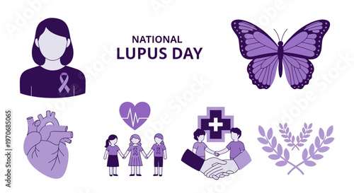 National Lupus Day infographic with purple icons of a woman butterfly human heart children and shaking hands